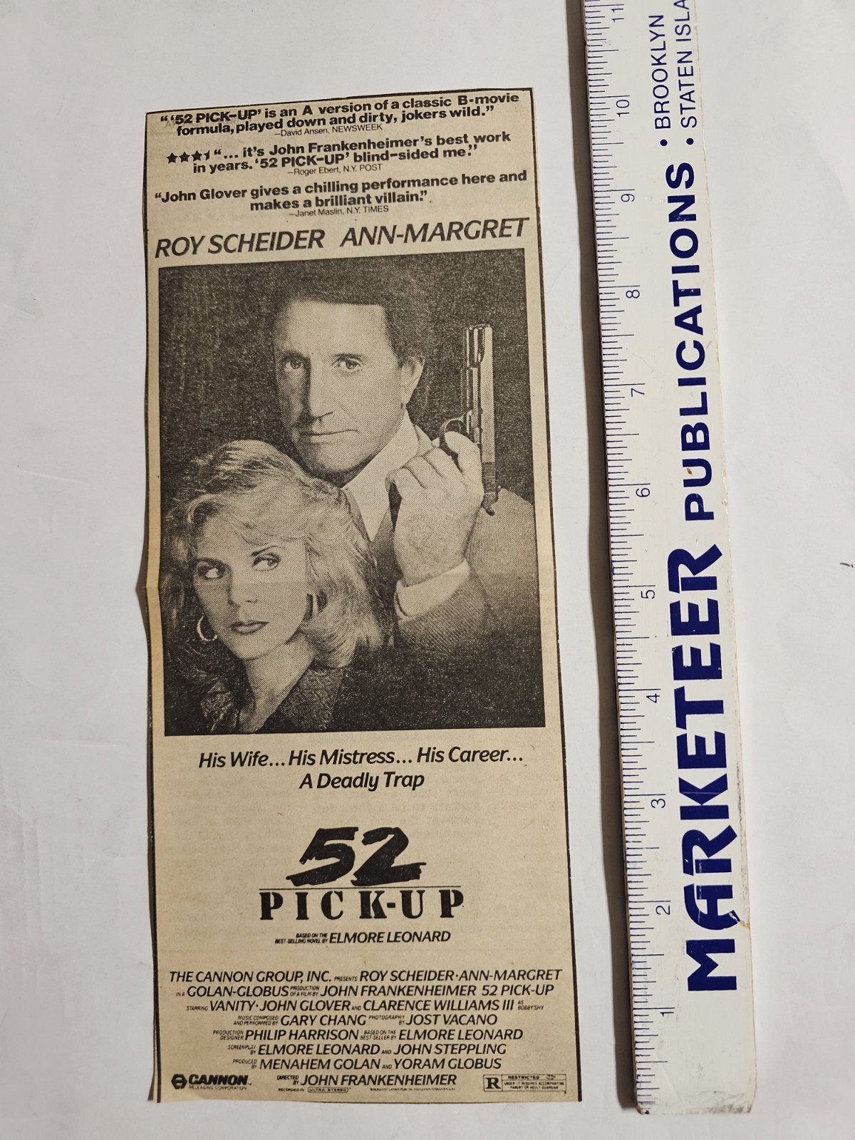 Roy Scheider & Ann-Margret In 52 PICK-UP: 1986 NY Newspaper Ad / Elmore Leonard