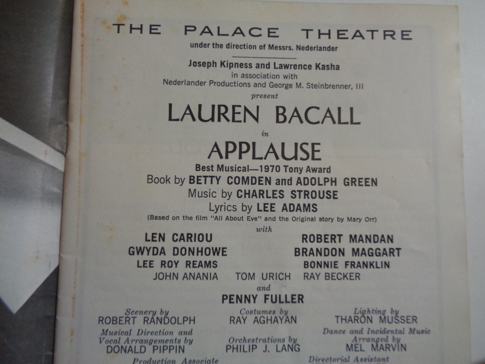Applause – Broadway Playbill – Sept. 1, 1970- Lauren Bacall, Len Cariou