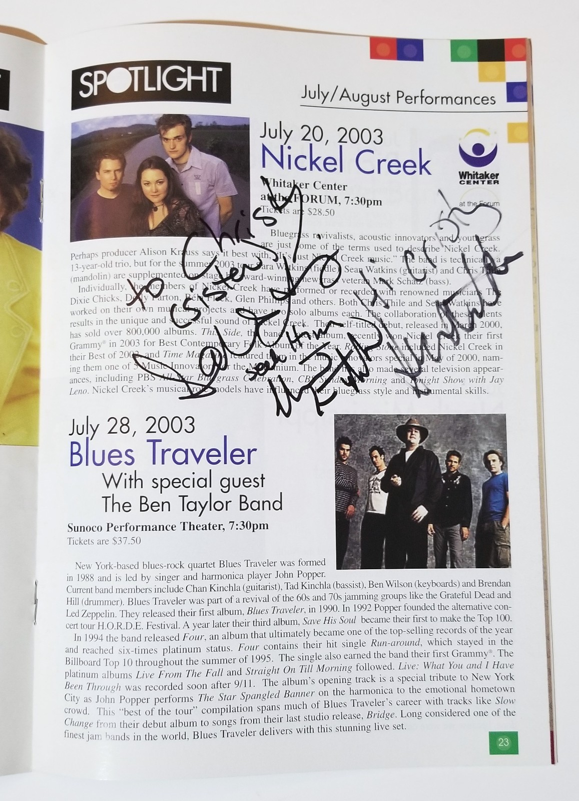 Nickel Creek REAL hand SIGNED 2003 Program COA Autographed Bluegrass Chris Thile