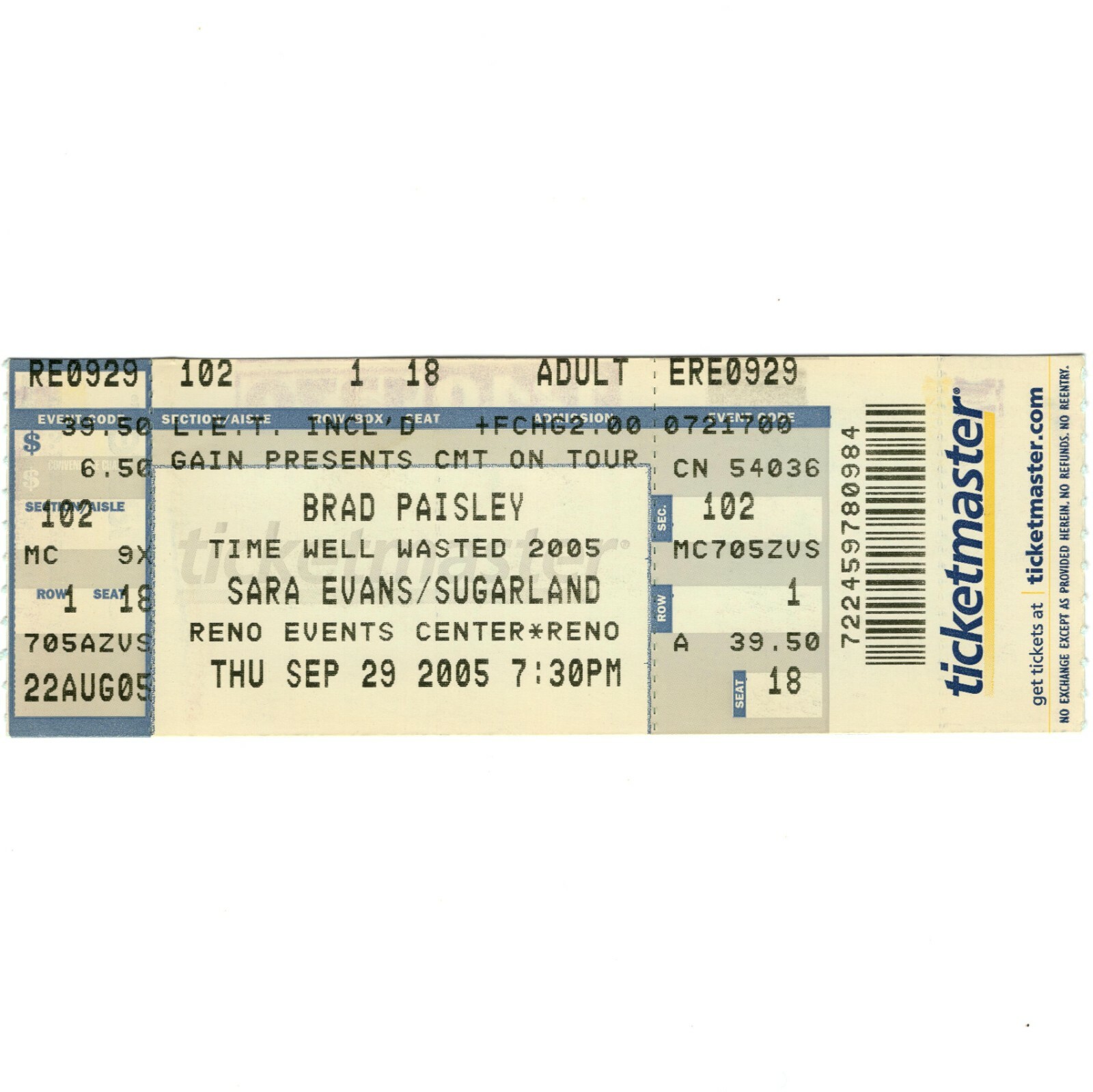 BRAD PAISLEY & SARA EVANS & SUGARLAND Concert Ticket Stub RENO NV 9/29/05 Rare