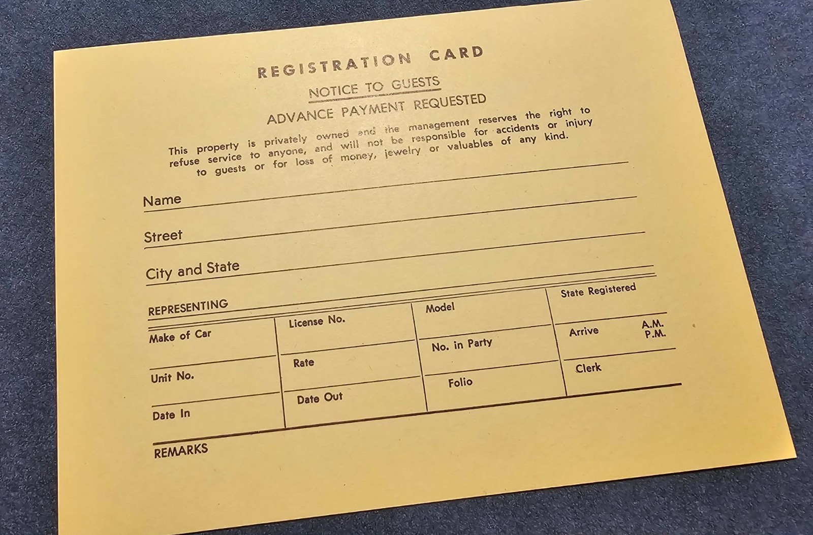 Rockford Files – Original TV Prop – ‘Aura Lee, Farewell’ Hotel Registration Card