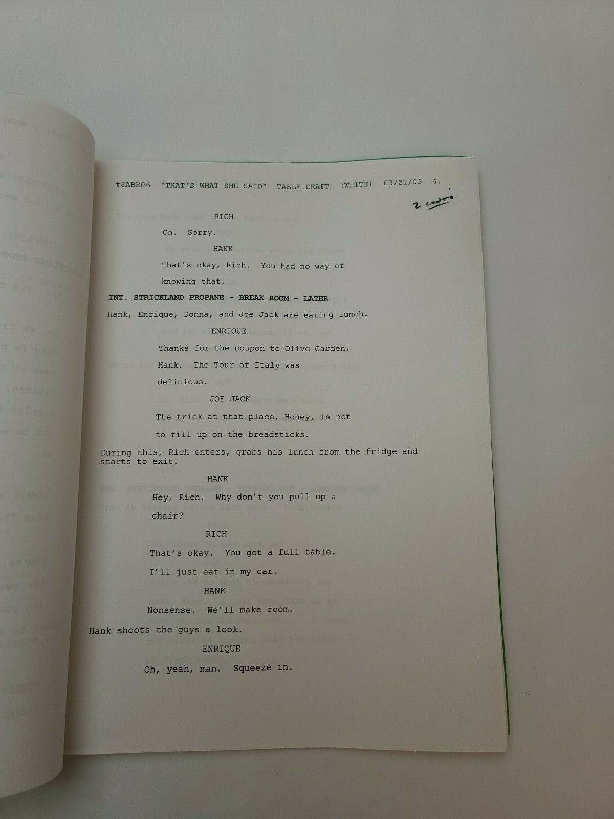 KING OF THE HILL / Sivert Glarum 2003 TV Script “That’s What She Said”