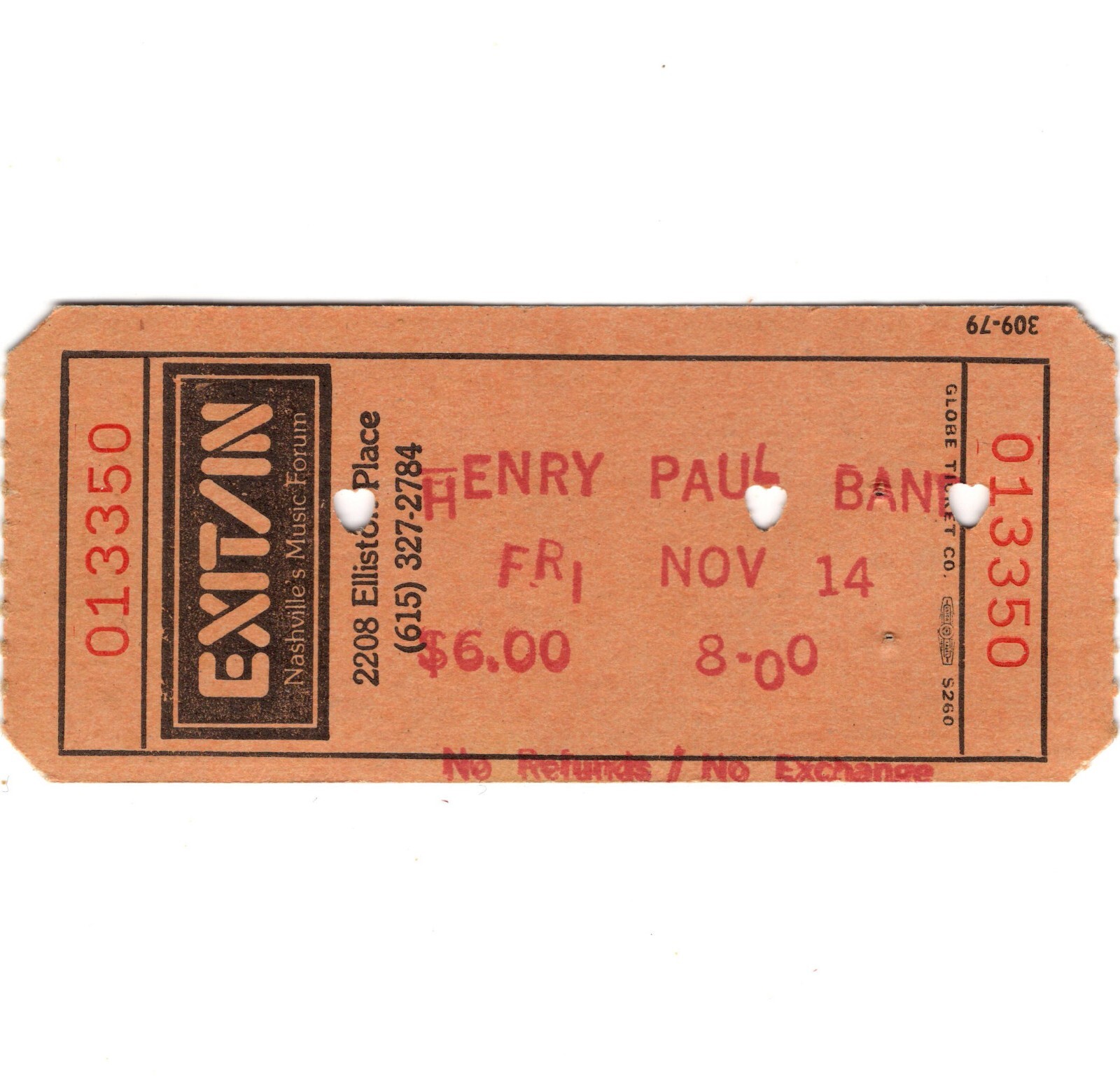HENRY PAUL BAND & GRINDERSWITCH Concert Ticket Stub NASHVILLE 11/14/80 EXIT/IN