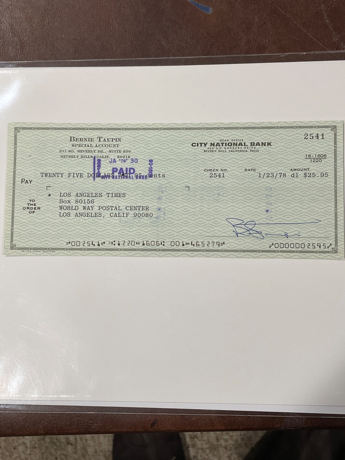 BERNIE TAUPIN SIGNED BUSINESS CHECK