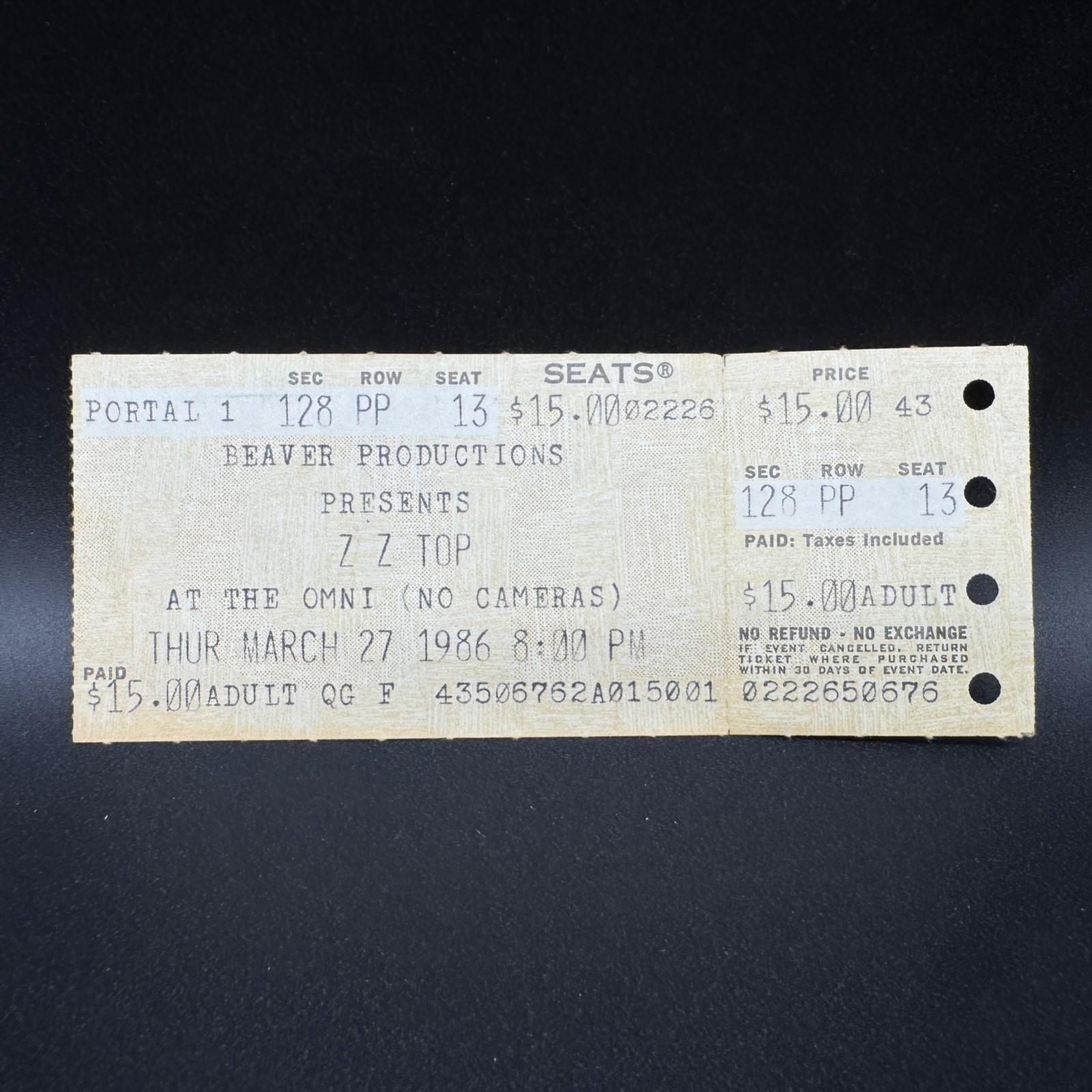 ZZTOP CONCERT TICKET STUB, MAR 27 1986 , THE OMNI