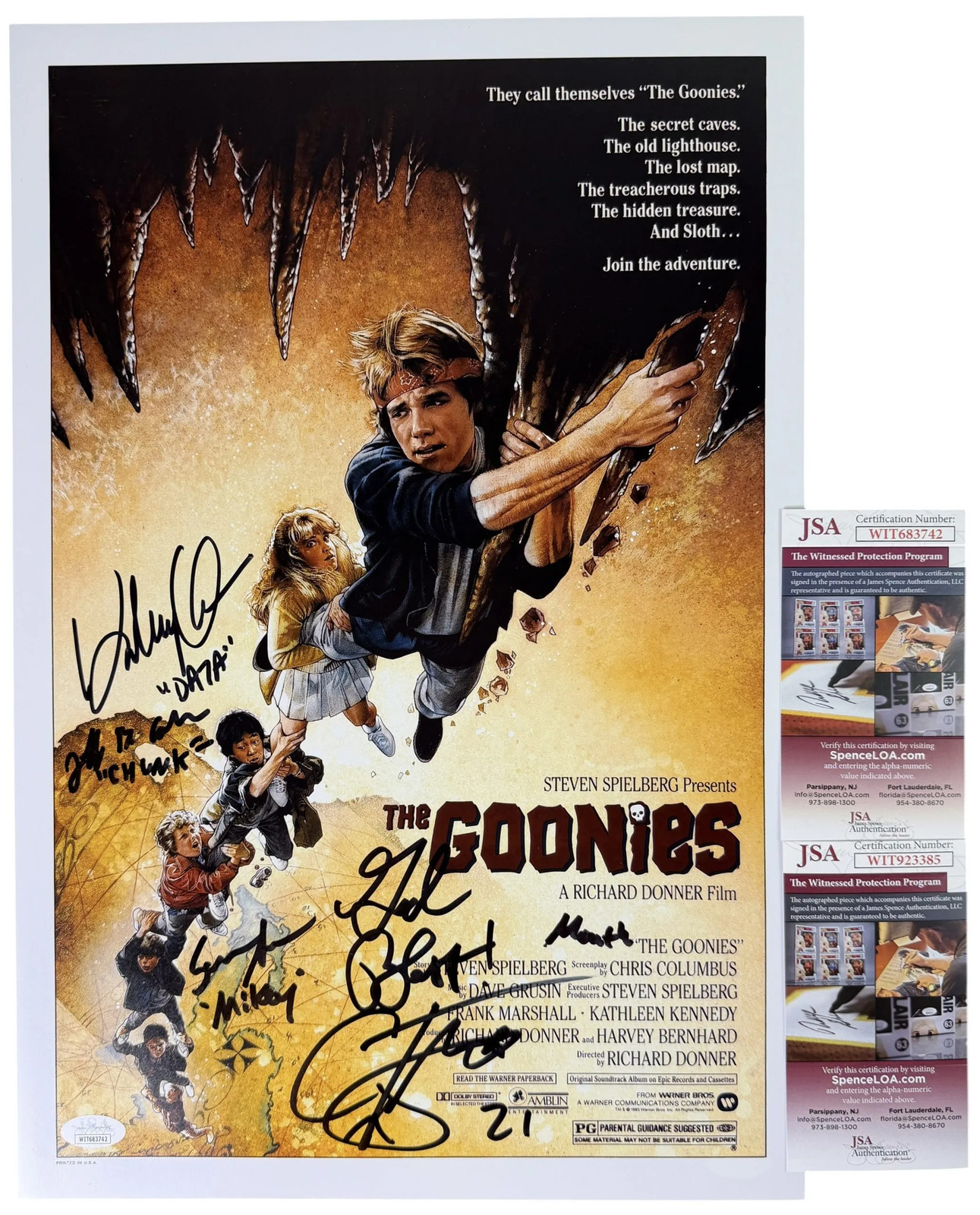 The Goonies Cast X4 signed 12×18 Poster Jeff Cohen Sean Astin Corey Feldman JSA