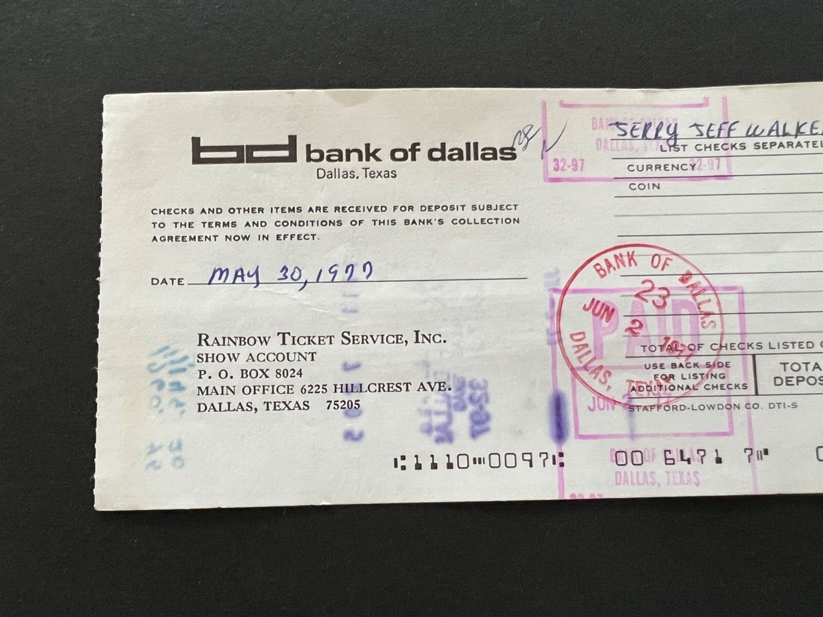 Jerry Jeff Walker Dallas Texas May 29 1977 Concert Deposit from Ticket Sales 2