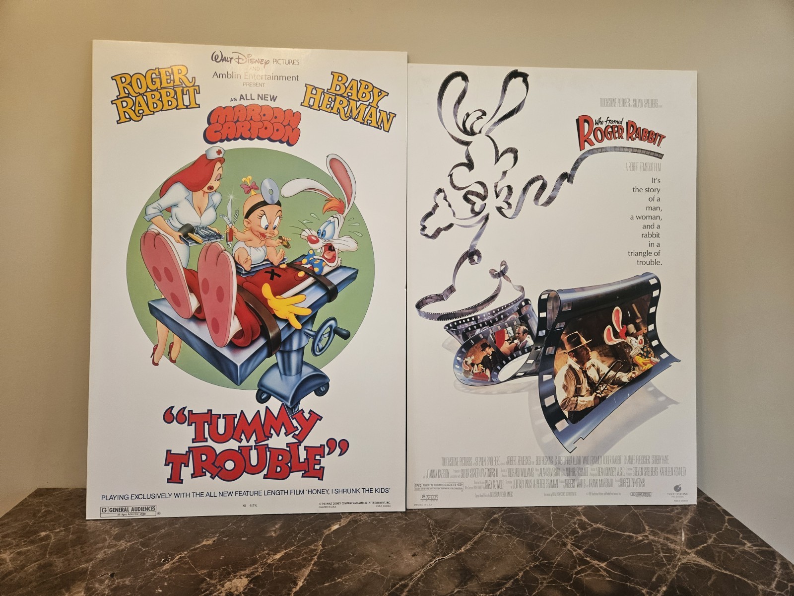 ~ Who Framed ROGER RABBIT Movie Poster Lot 1988 & TUMMY TROUBLE 1989 Foam Board