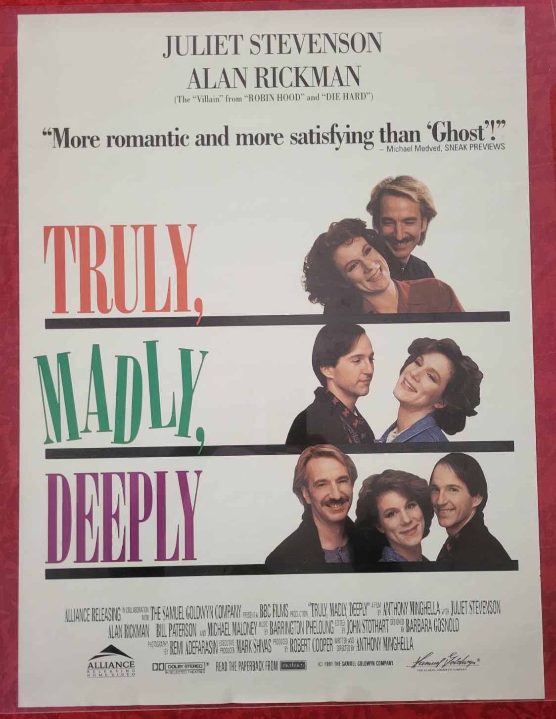 Truly Madly Deeply 1990 Movie Poster 21×28 Alan Rickman Juliet Stevenson Romance