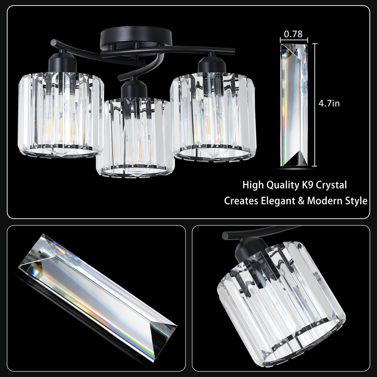 Crystal Semi Flush Mount Ceiling Light,3-Light Black Close to Ceiling Light F…