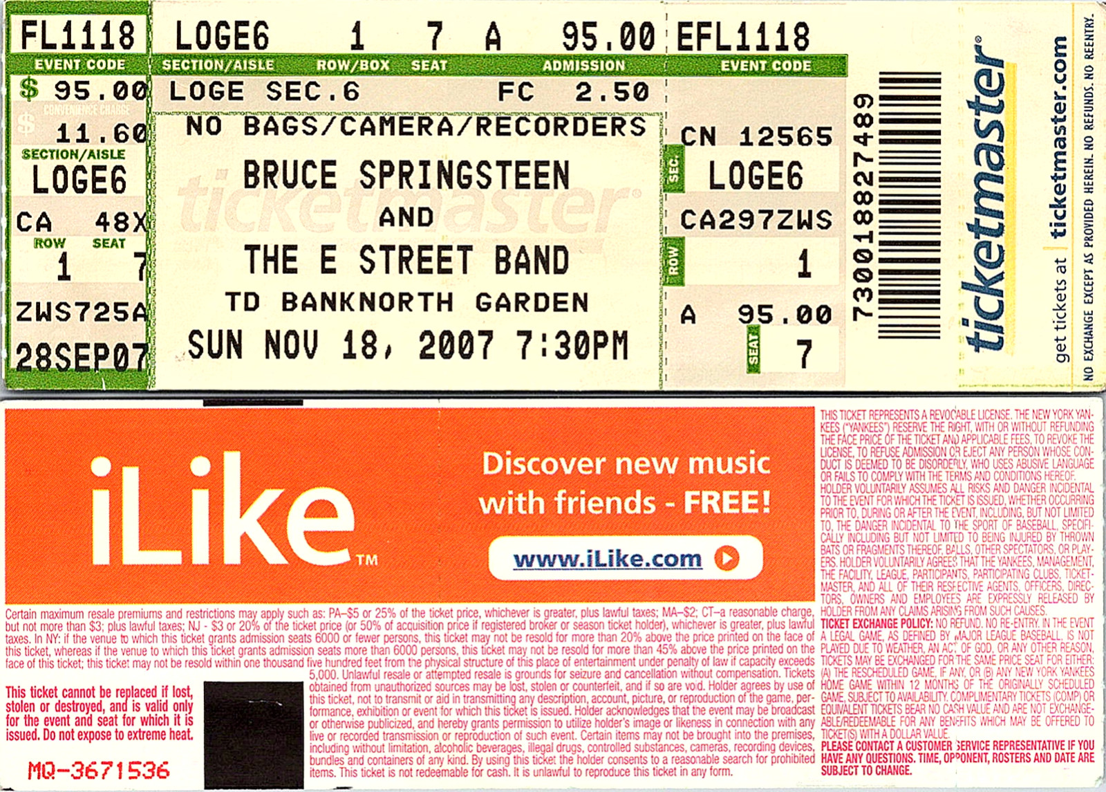 BRUCE SPRINGSTEEN FULL CONCERT TICKET, NOV 18 2007, BANKNORTH GARDEN