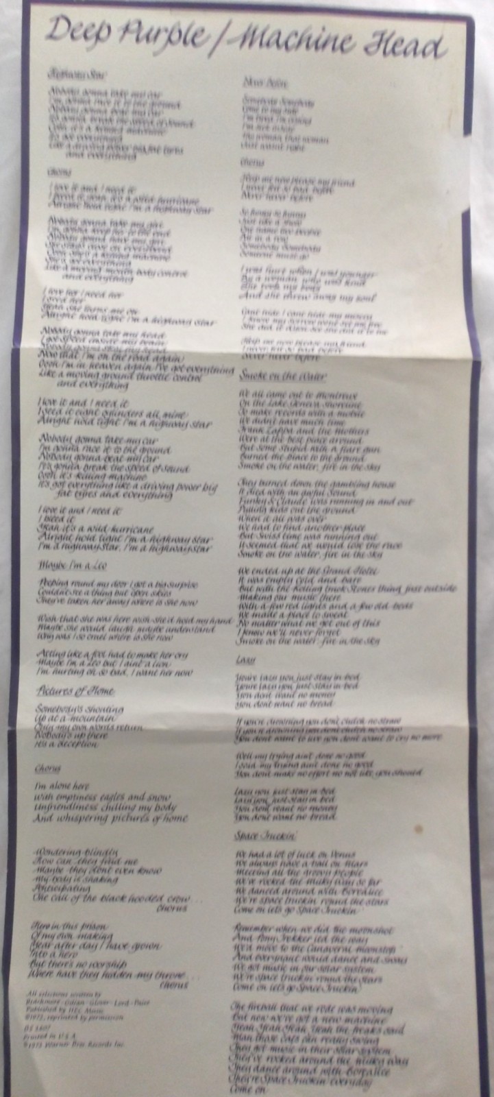 Deep Purple Original 1972 Album Insert Folded Lyric Sheet From “Machine Head” LP