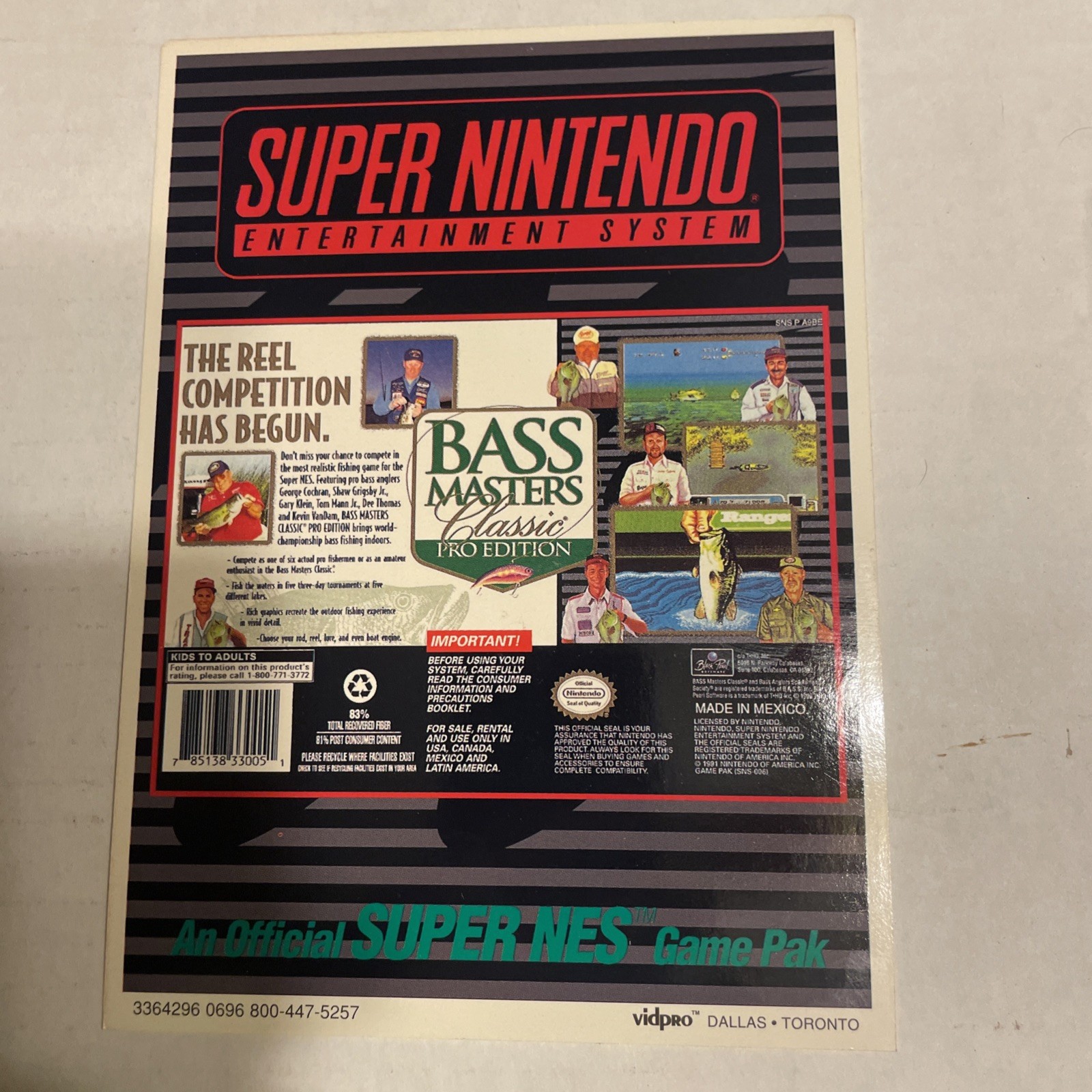 SNES Bass Masters Classic Pro Edition VIDPRO Card Toys R Us Display Card Rare
