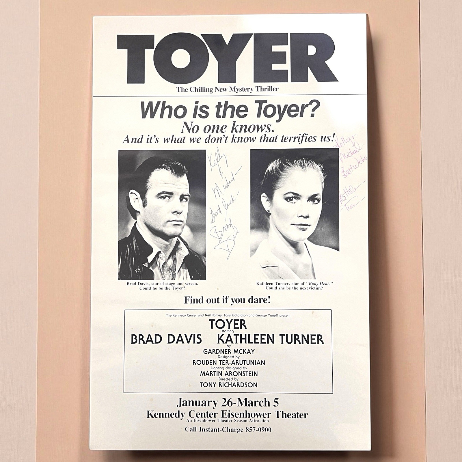 Kathleen Turner & Brad Davis Signed 1988 “Toyer” Kennedy Center Poster Window