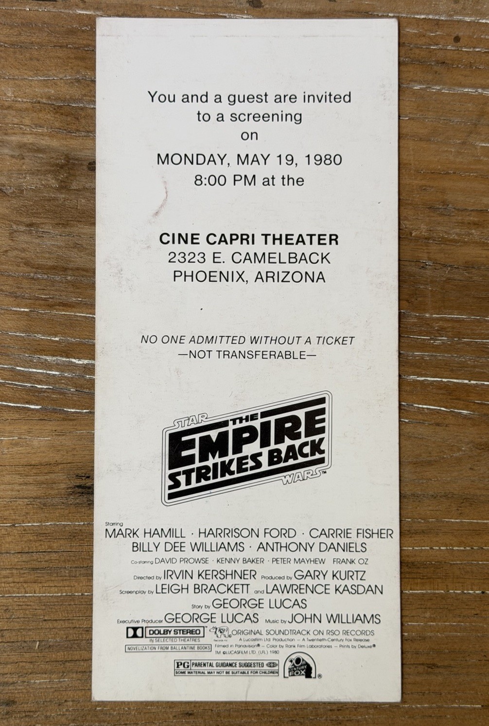 Star Wars: Empire Strikes Back SCREENING TICKET – Original – Phoenix – 1980