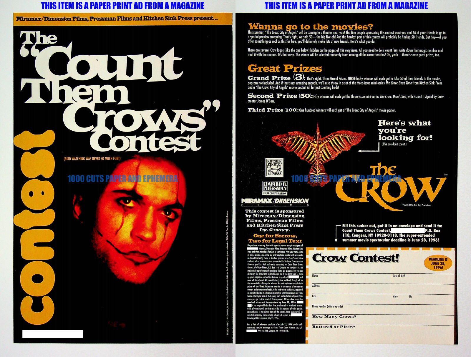 The Crow City of Angels Contest Miramax Films 1996 Print Magazine Ad Poster