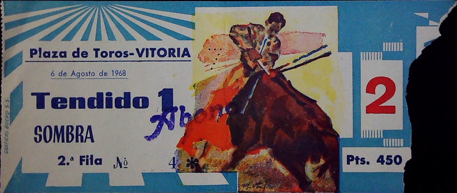 Vitoria Bull Fighting Ticket Stub Plaza de Toros Tendido Sombra Spain 8/6/1968