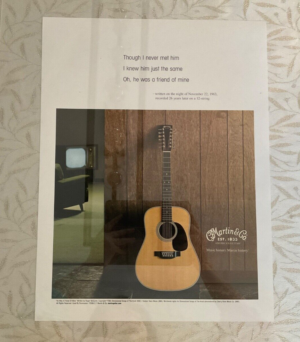2006 “He Was A Friend Of Mine” Roger McGuinn Martin Guitar Poster “Frame Ready”