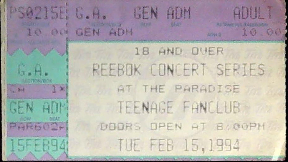 Teenage Fanclub Concert Ticket Stub Paradise Boston MA Reebok Series 2/15/1994