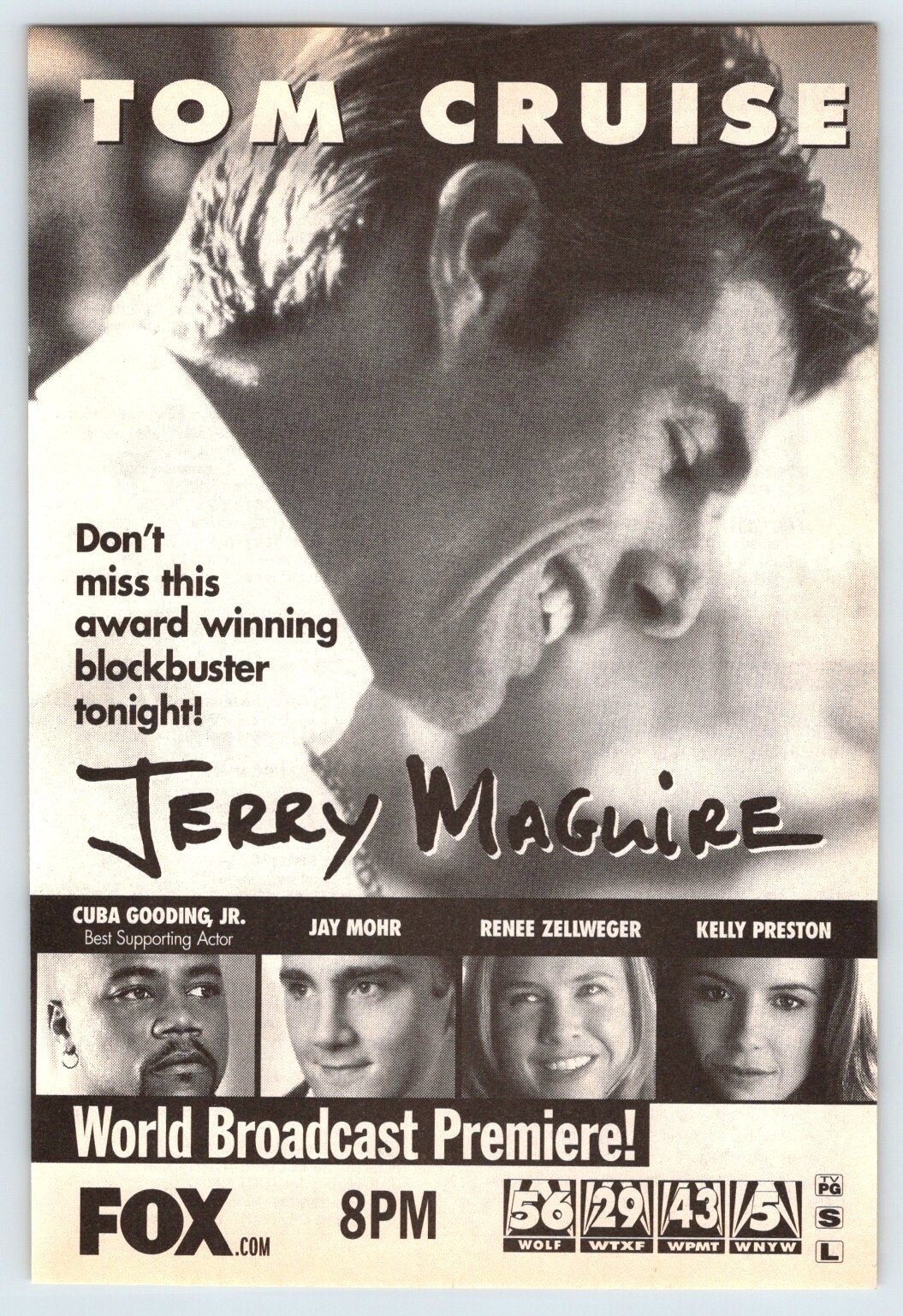 1999 TOM CRUISE JERRY MAGUIRE 5″X7″ MOVIE AD FOX FOX Television 1990’s TV16