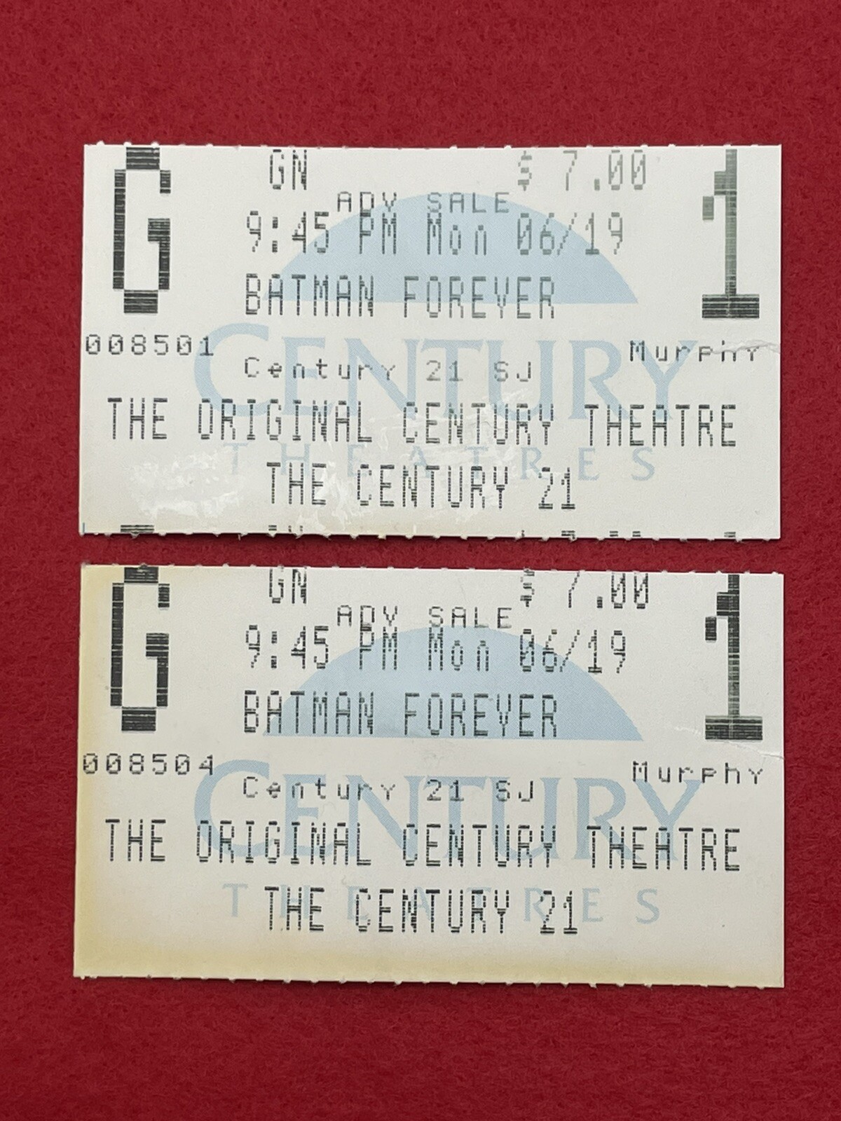 6/19/1995 PAIR OF BATMAN FOREVER OPENING WEEK MOVIE THEATER TICKET STUB CENTURY