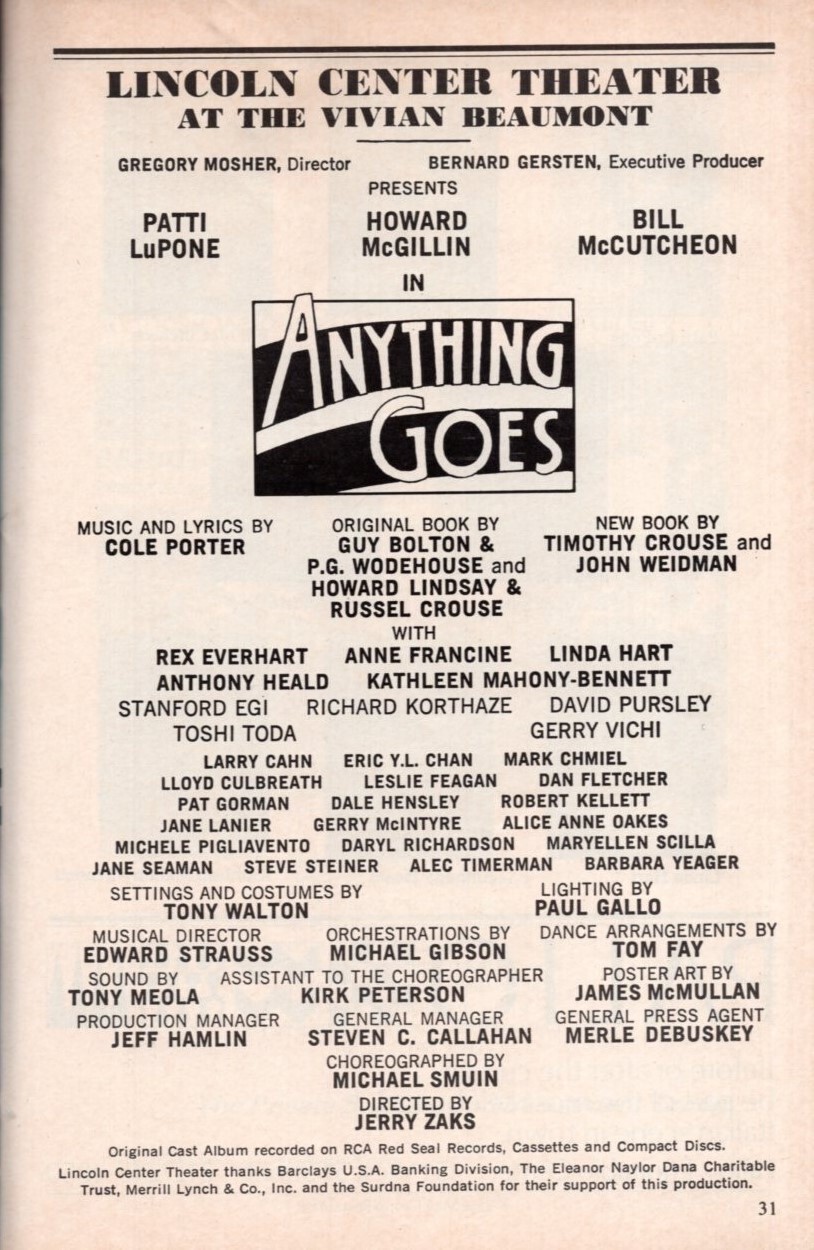 Anything Goes Signed Autographed Cast Playbill – Patti LuPone