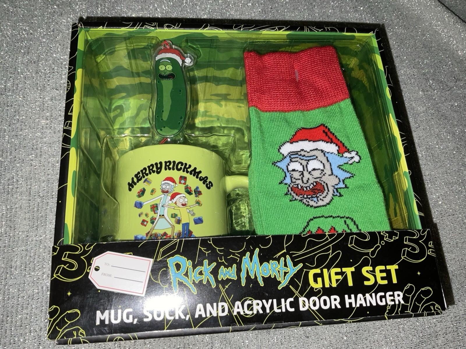 CultureFly Rick & Morty Gift Set Mug Sock Acrylic Door Hanger MERRY RICKMAS
