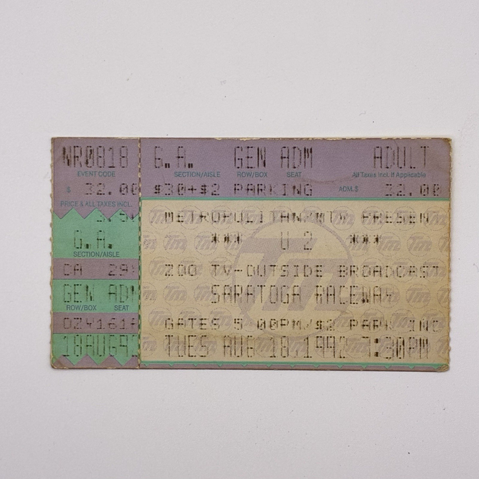 U2 8/18/1992 Saratoga Raceway Ticket Stub Original Vintage