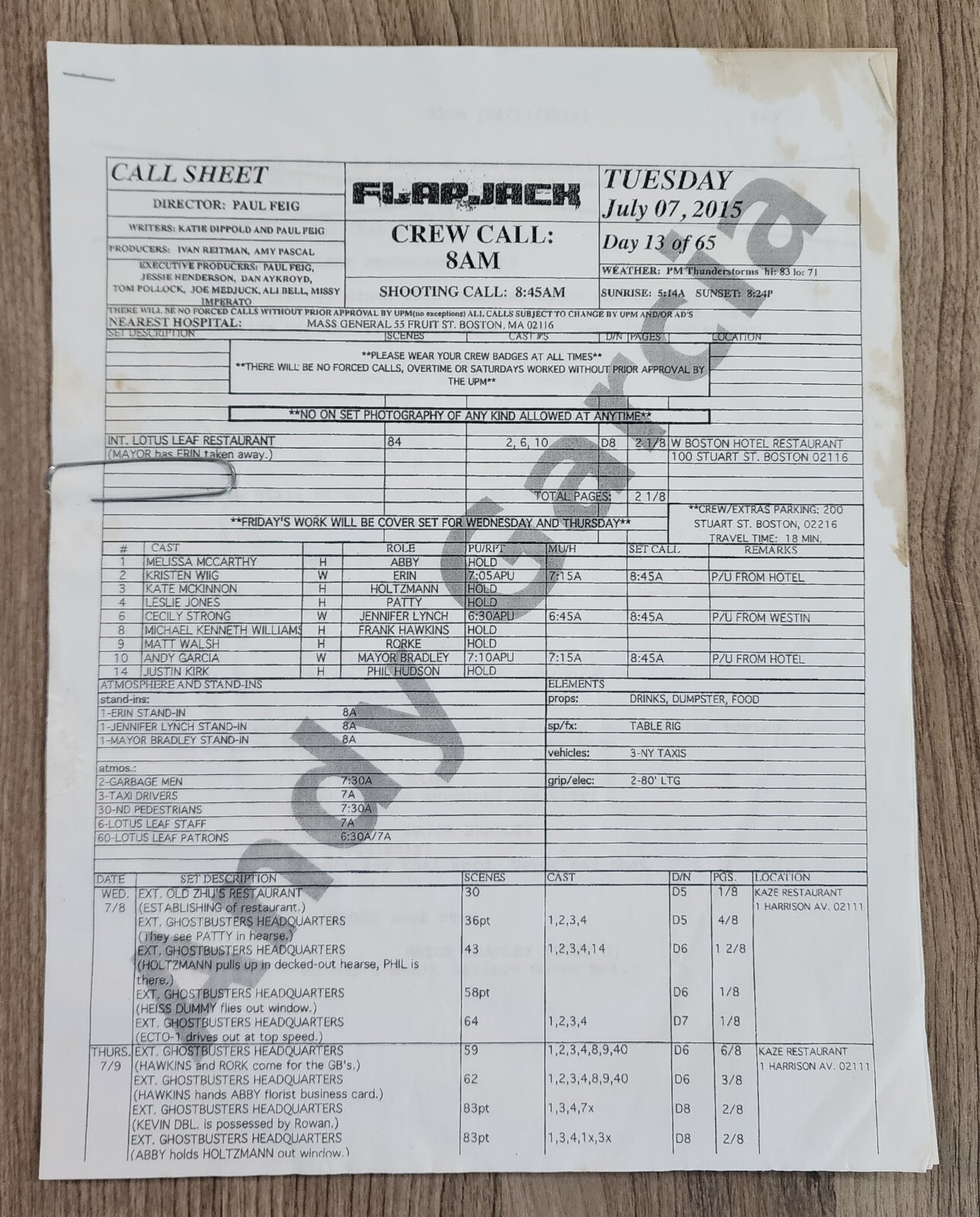 Original Ghostbusters (2016) Call Sheet w/Script Side Andy Garcia Kristen Wiig
