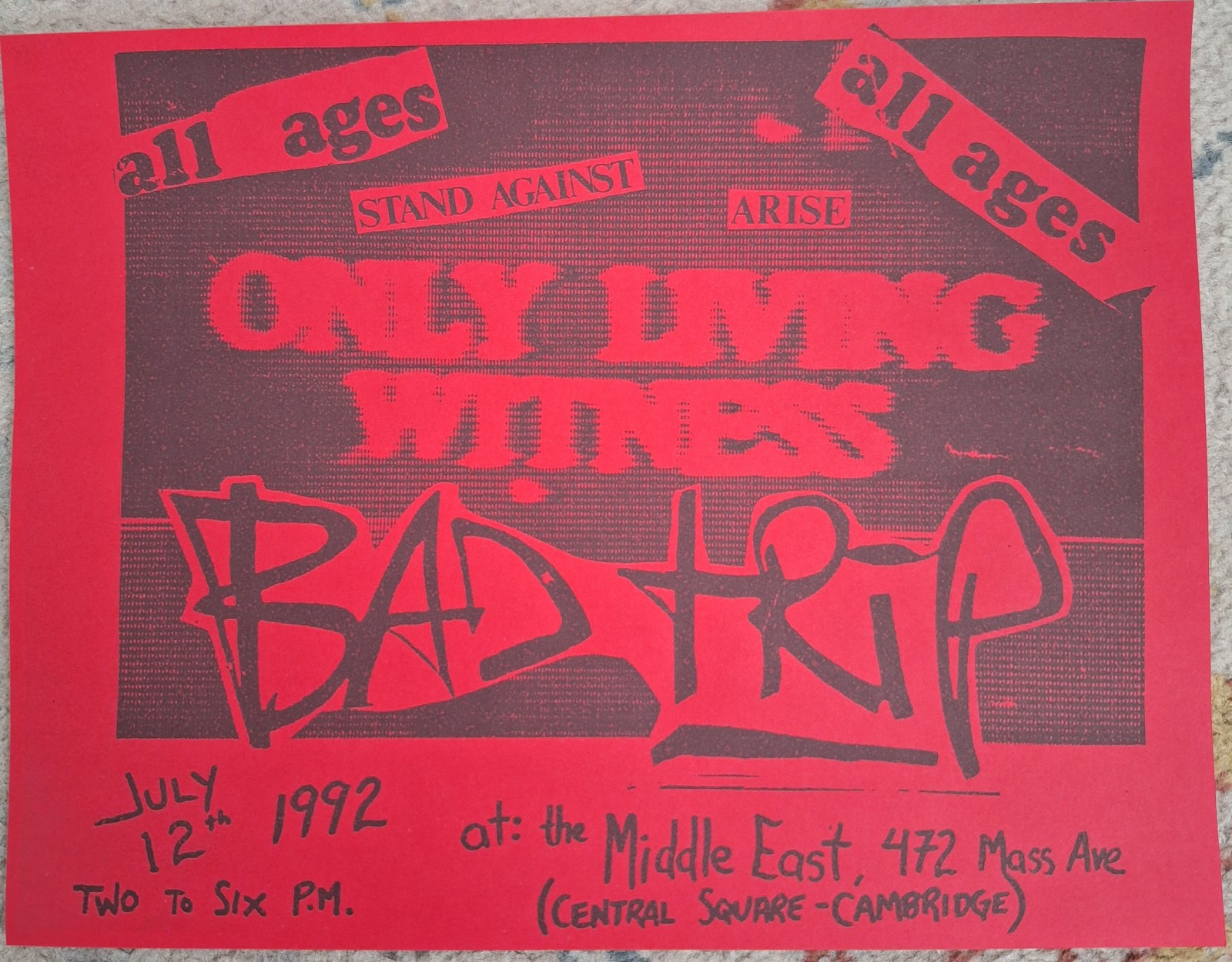 Only Living Witness – Show Flier Bad Trip Stand Against Arise Cambridge Punk 92′