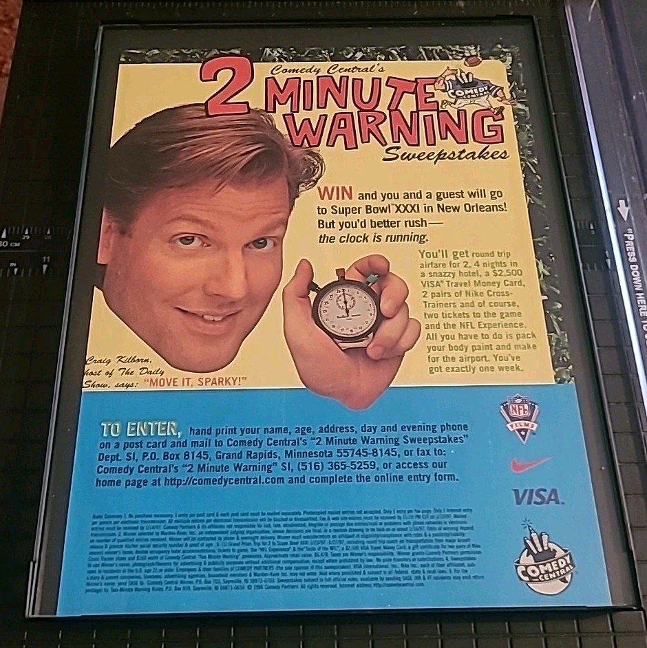Comedy Central 2 Minute Warning Sweepstakes Framed Print Ad 8.5×11 1997