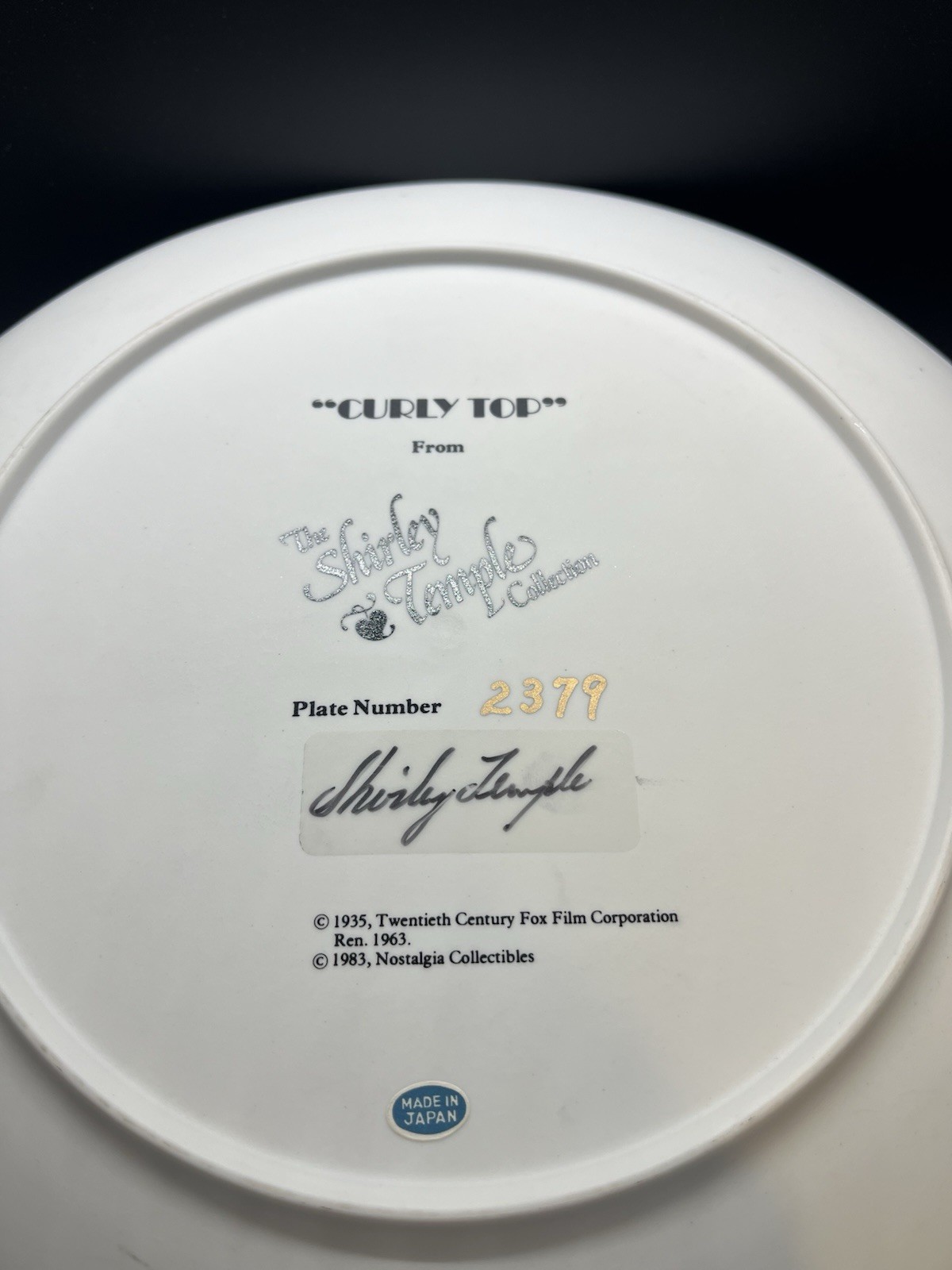 SHIRLEY TEMPLE COLLECTION SIGNED AUTOGRAPHED “CURLY TOP” PLATE #2379