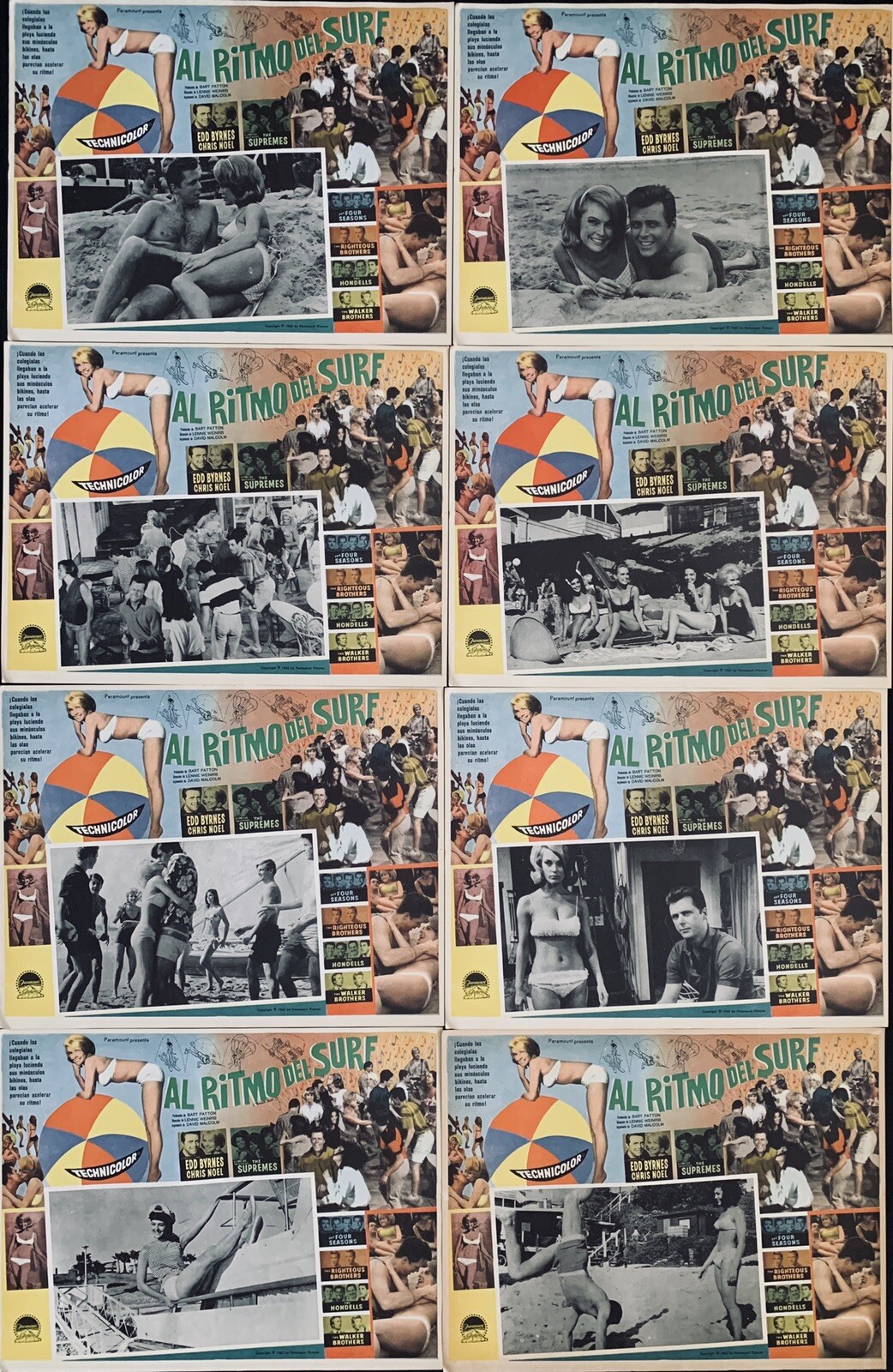 BEACH BALL Edd Byrnes Chris Noel The Supremes MEXICAN LOBBY CARD SET 1965 UNUSED