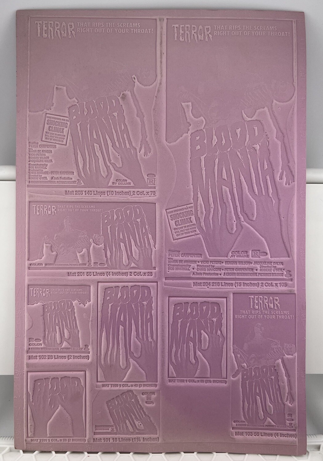 Vintage Blood Mania Movie Printing Mold / Flong For Newspaper Ads