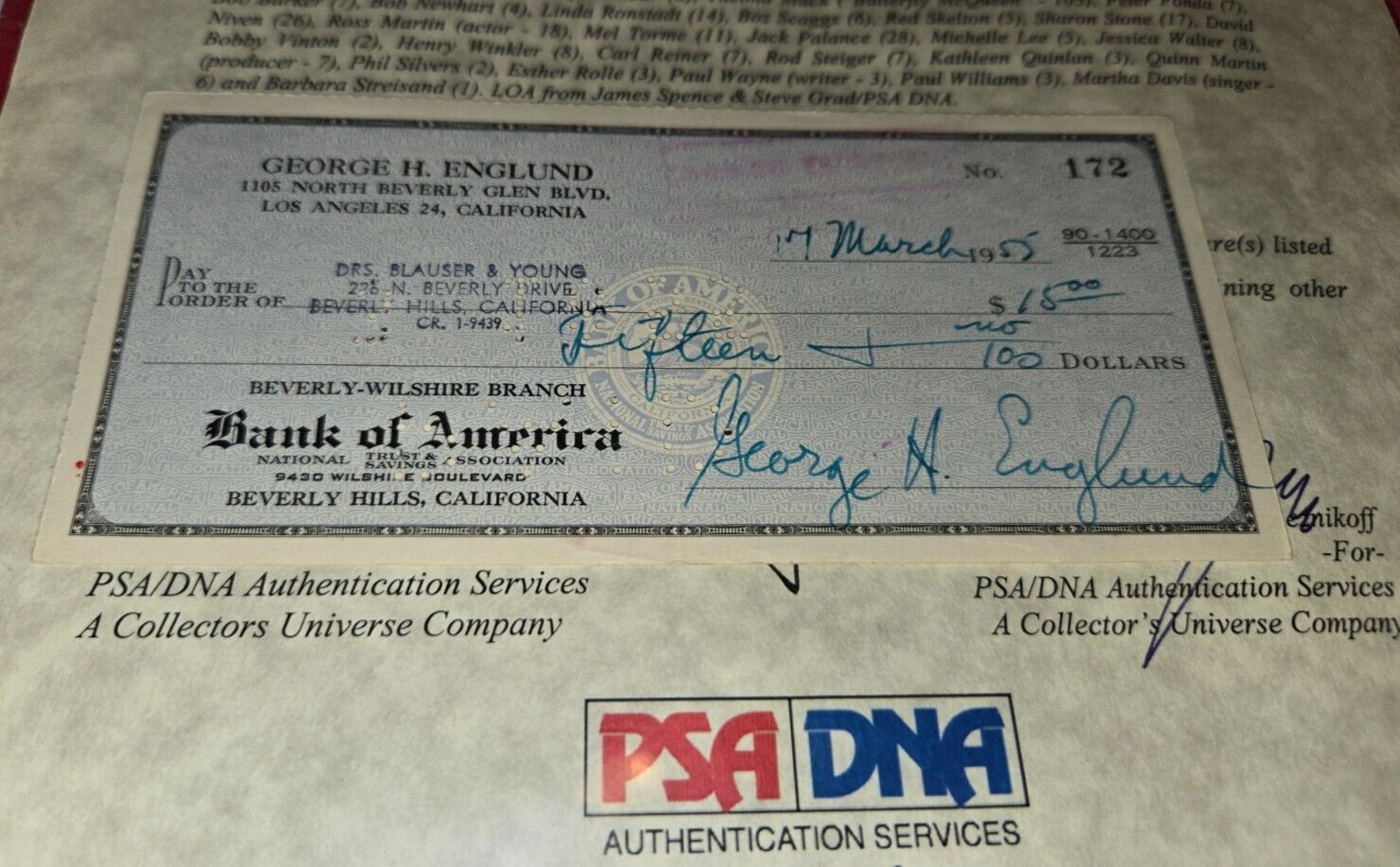 GEORGE H ENGLUND SIGNED PERSONAL CHECK DATED 1955 WITH PSA/DNA BLANKET LETTER