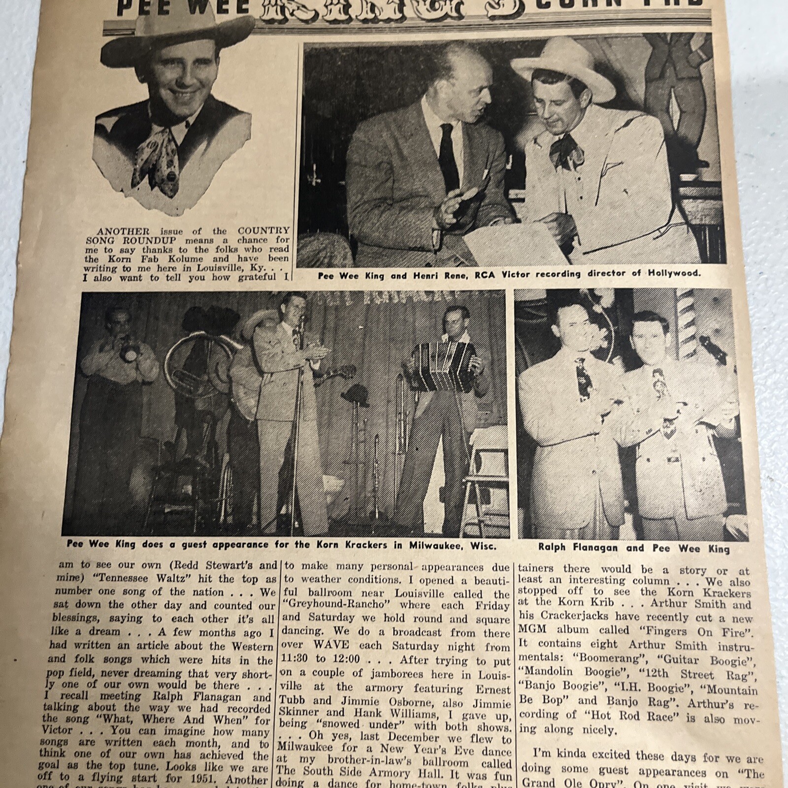 Pee Wee King Magazine Print Ad Country Singer, Korn Krackers Ralph Flanagan 8×12