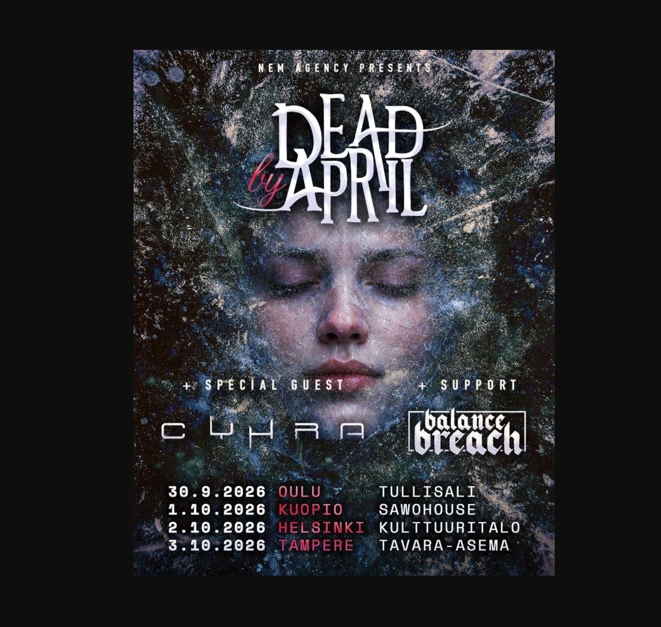 Dead by April 2026 Finland Tour Poster – Oulu Kuopio Helsinki Tampere Metal